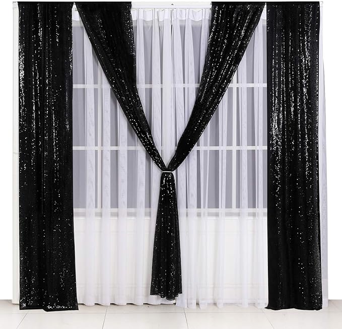 Poise3EHome 2ft x 8ft Black Sequin Photography Backdrop Curtains 2 Panels for Party Decoration, Black