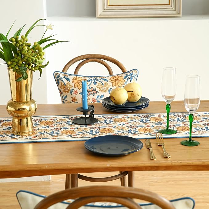 ISAENNE Designer Bohemian Elegant Linen Table Runner 71 Inches Long,Floral Pattern Duable Decor Table Runners for Dining Tables,Thanksgiving,Kitchen Tables,Christmas,12"*71"-Estevan B