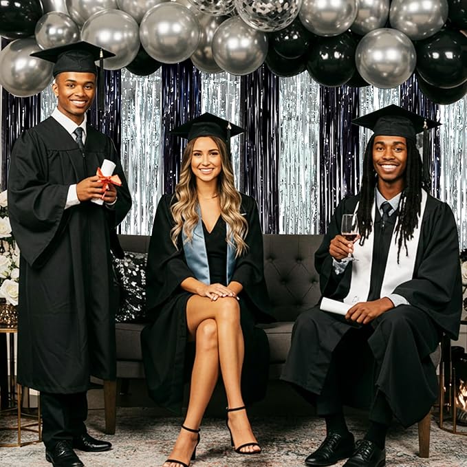 BEISHIDA 2Pcs Black Silver Door Streamers Congrats Grade 2025 Decoration Backdrop Foil Fringe Tinsel Party Streamers Curtains for Birthday Graduation Bachelorette Party Decoations (3.28 ft x 6.56 ft)
