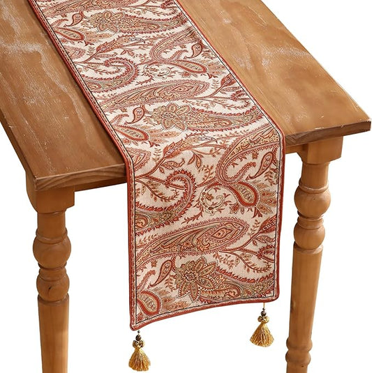ISAENNE Designer Elegant Red Linen Extra Long Table Runner 118 Inches,Vintage Paisley Pattern Durable Table Runners for Dining Tables,Thanksgiving,Kitchen Tables,Christmas,12"*118"-Chauffrey A