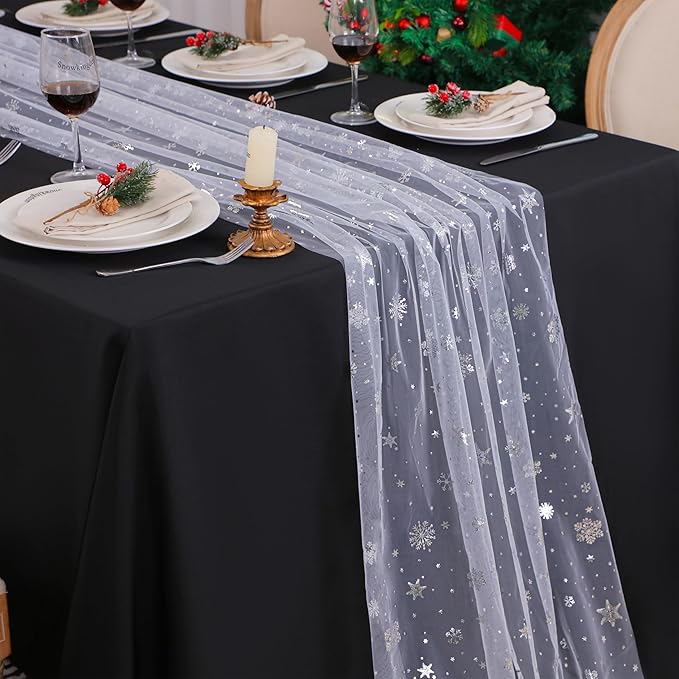 Snowkingdom 6 Pcs Christmas Snowflake Table Runners, 120 Inch Sheer Chiffon Gauze Cheesecloth, Silver Glitter Sequin Metallic Party Dining Table Decorations for Christmas Winter Holiday New Year