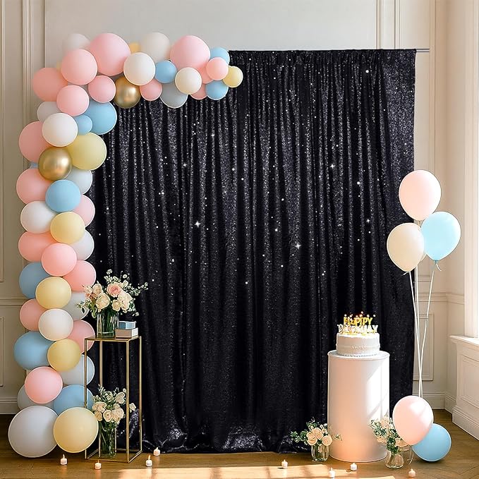 SquarePie Sequin Backdrop Less Transparent Background Sparkly Curtain for Wedding Halloween Party 6FT x 8FT Black