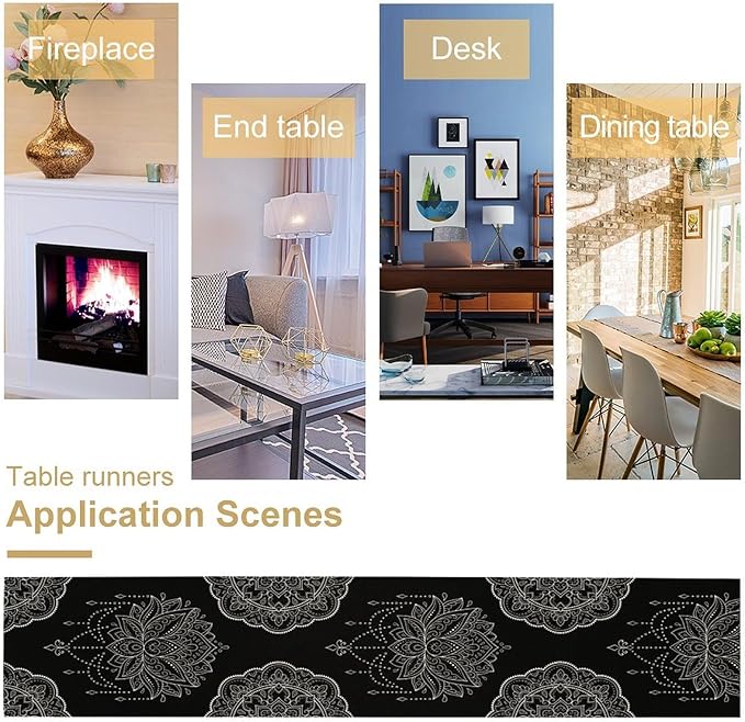 Lotus Flower Table Runner, Bohemian Ethnic Oriental Mandala Black White Floral Print Table Runner for Home Kitchen Dining Indoor Outdoor Dinner Party Decor, 13x90inch