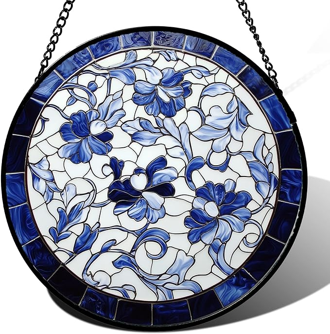 Stained Glass Window Hanging, Blue and White Abstract Flowers Sun Catcher for Door Home Decor Suncatcher Christmas Mother's Day Birthday Gifts for Women Men Mom and Nana 11.8 in