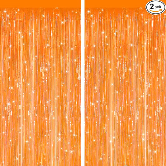 2 Pack Orange Metallic Tinsel Foil Fringe Curtains, Door Streamers Photo Booth Backdrop for Birthday Party, Tinsel Curtain Backdrop for Baby Shower Bachelorette Christmas Party Decorations