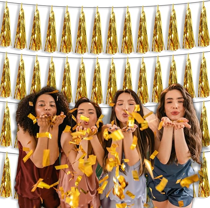 4P Gold Foil Fringe Tassel Banner Garland Metallic Tinsel Streamers Wall Hanging Curtain Backdrop Banner for Parade Floats, 2024 Graduation Decorations, Wedding Party Decoration