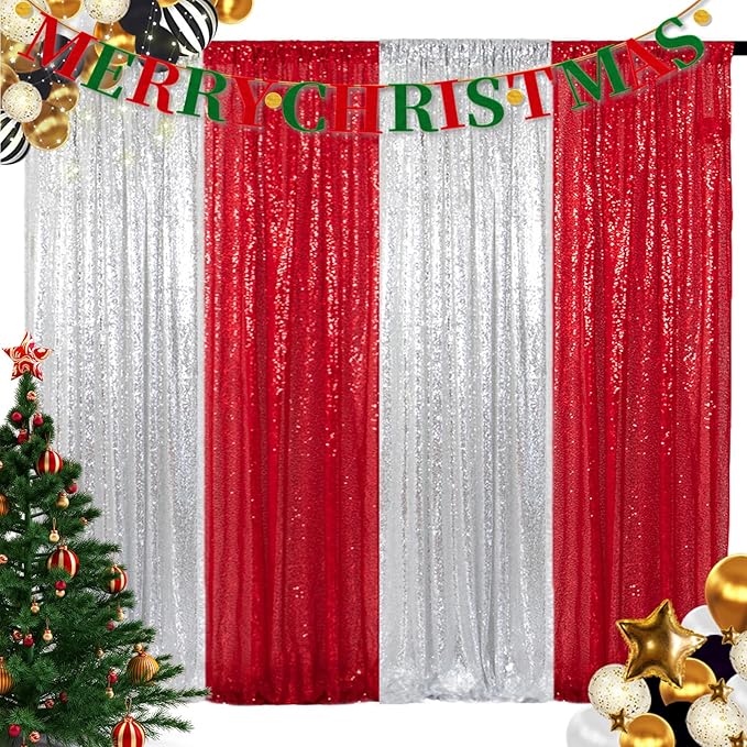 ShinyBeauty 4 Panels Sequin Photo Backdrop 2FTx8FT Red & Silver Curtains Sparkle Background for Birthday, Wedding, Party, Christmas Decorations
