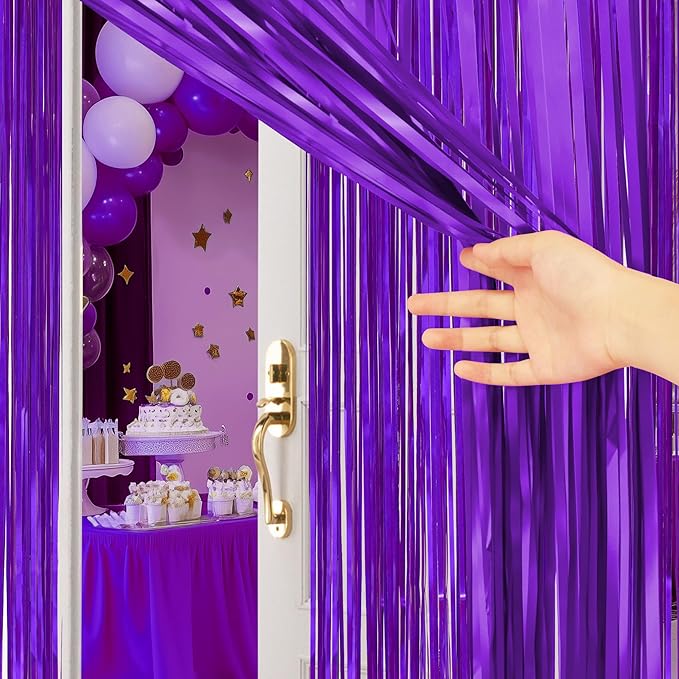 2 Pack Metallic Purple Fringe Backdrop, 3.2x8.2ft Shining Foil Tinsel Curtains, Birthday Party Decorations Door Streamers for Halloween, Christmas, Wedding, Graduation, Holiday, Theme Events