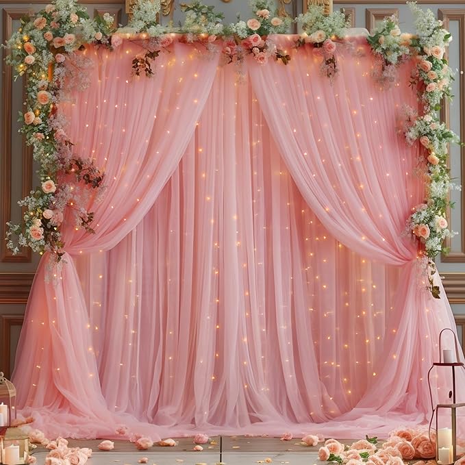 20×10ft Dusty Rose Tulle Backdrop Curtain with Lights String for Parties, Sheer Curtain Backdrop Drapes for Wedding Party Home Decorations