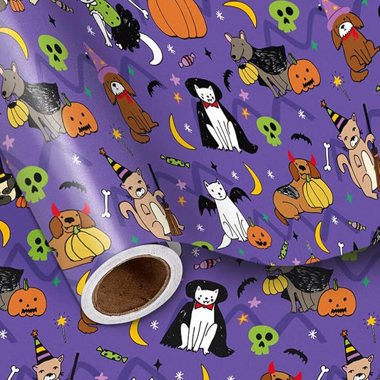LeZakaa Halloween Purple Animal Wrapping Paper Roll, Cat Dog in Halloween Costumes, Pumpkins Bats Skulls Cheer, for Pet Lovers, Kids, Trick-or-Treat Party Decor, Mini Roll 17 in x 16.4 Ft