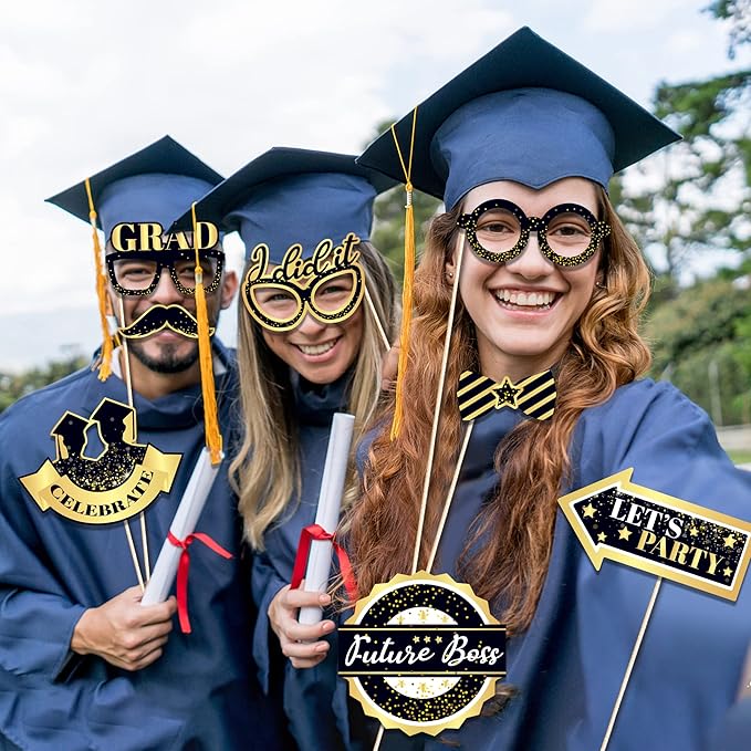 25 Pcs Black and Gold Photo Booth Props, Graduation Theme Decoration Props, Graduation Holiday Party Supplies