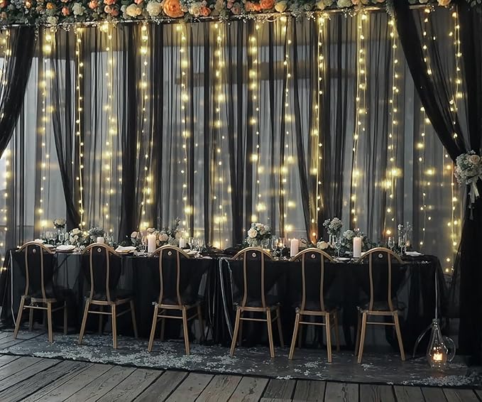 Black Tulle Backdrop Curtain with Lights String for Parites 20ft×10ft Black Sheer Backdrop Curtains for Baby Shower Wedding Bridal Shower Birthday Party Photo Shoot Decorations(4 Panels 5×10ft)