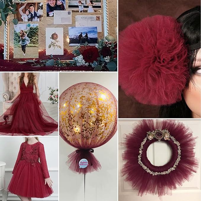 Burgundy Tulle Fabric Rolls 54 Inch by 10 Yards Fabric Tulle Bolt for Wedding Christmas Decorations Gift Wrapping DIY Tutu Baby Shower Table Skirt Birthday Party Craft Supplies