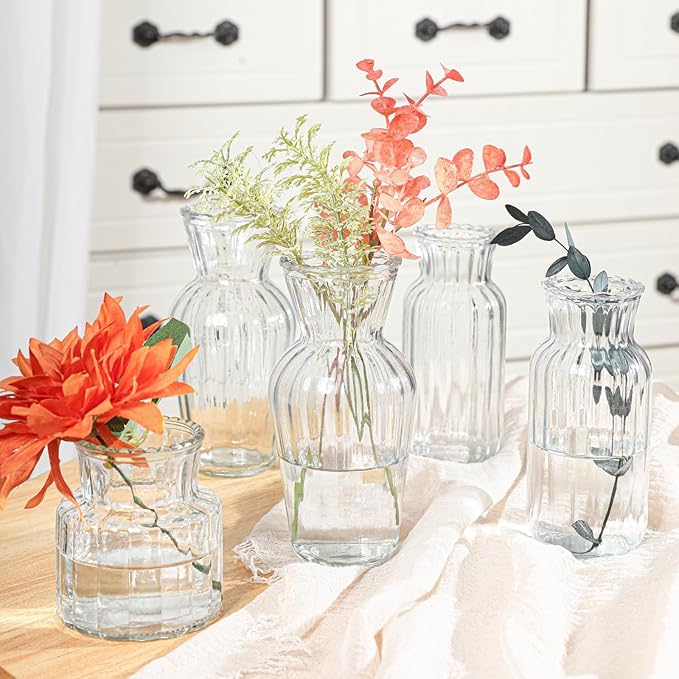 Modern Clear Glass Vase Set - 3Pcs Small Handmade Flower Vases, Decorative Mini Bud Vases for Wedding Reception, Dining Table, and Home Decor - Perfect for Single Stem Flowers