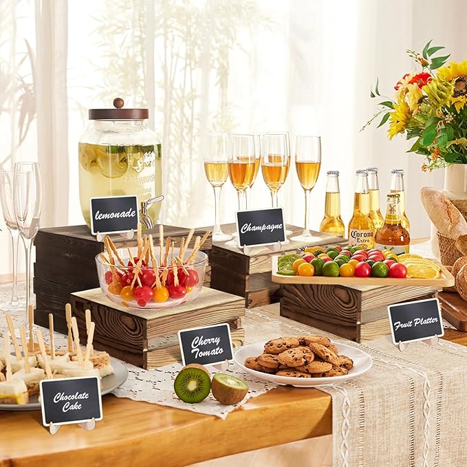6 Pcs Buffet Risers with Mini Signs, Rustic Wood Cake Stands, Food Risers for Buffet Table, Dessert Display Stand, Wood Crates, Rustic Cake Stand for Party, Wedding, Birthday, Baby Shower, 3 Sizes