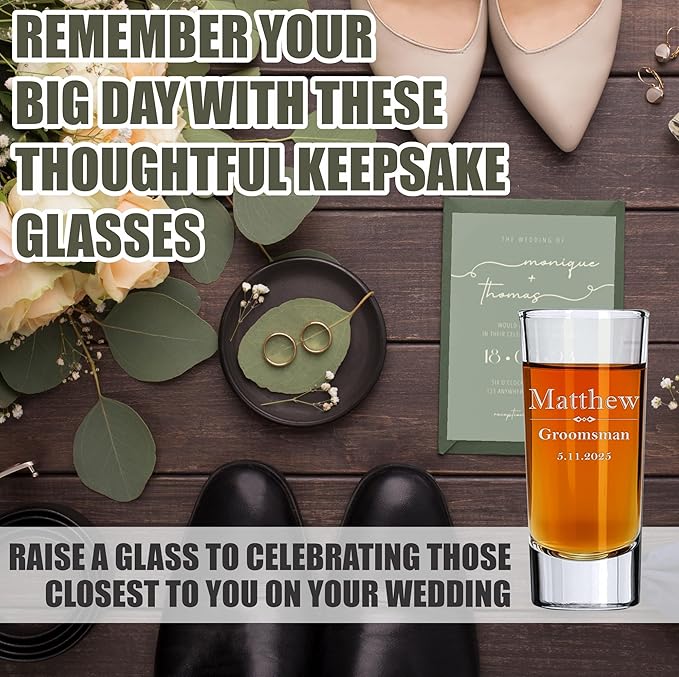 Custom Engraved Shot Glass – 2oz Tall Clear Glass – Personalized Gift for Wedding Party – Classic Etched Barware Keepsake for Groomsmen, Bridesmaids, and More (2)