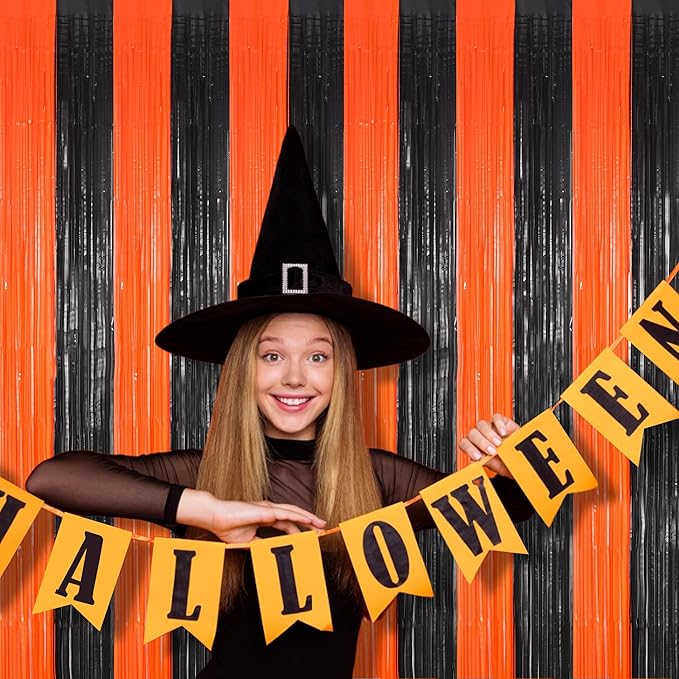 BRAVESHINE Tinsel Photo Backdrop Curtains - 2 Pack 3.2x8.2ft Black Orange Foil Fringe Streamer Curtain for Birthdays, Halloweens, Basketball, Pumpkins, Home, Indoor or Outdoor Party Decorations