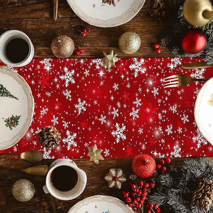 Christmas Snowflakes Cotton Linen Table Runner for Dining Kitchen, Red Xmas Winter Snow Wedding Outdoor Party Tablerunners Decoration, New Year Dresser Scarf Coffee Tablecloth Runners 13x108 Inches
