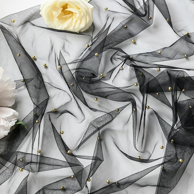 Artoid Mode 3PCS Pearl Black Gauze Table Runner 120 Inch 10FT, Seasonal Sheer Dining Holiday Wedding Birthday Baby Shower Table Decor for Home Party