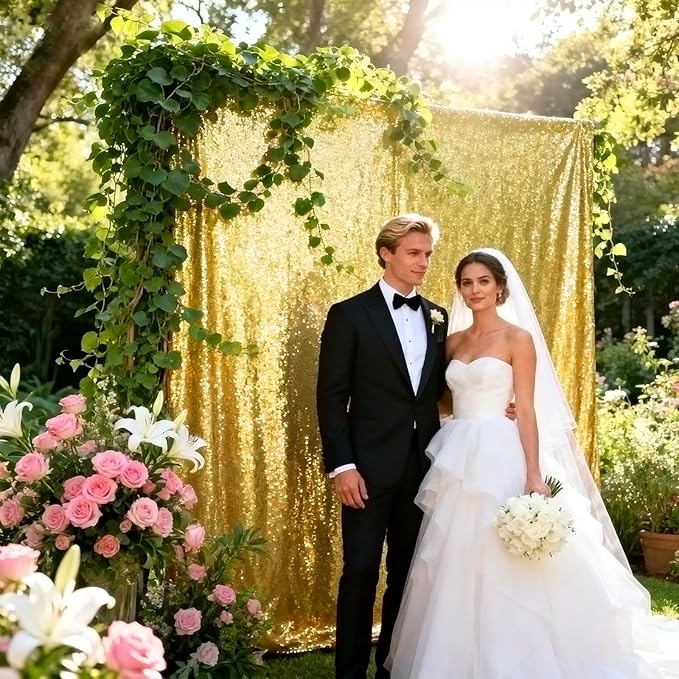 VOK Gold Sequin Backdrop Curtains 2 Panels 2FTx8FT Glitter Photography Background for Wedding Birthday Christmas Party Decorations