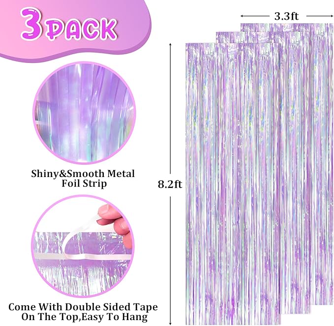 Iridescent Party Backdrop 3Packs, Transparent Tinsel Foil Fringe Curtain Streamers for Girls Birthday, Weddings,Engagement, Mermaid, Unicorn Theme Party Decorations 3.3x8.2ft