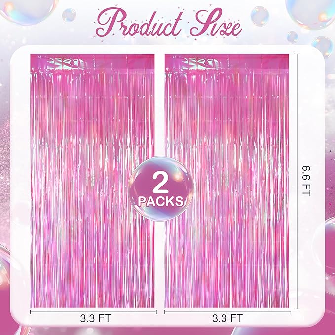 2 Pack Hot Pink Iridescent Streamers Backdrop, 3.3x6.6ft Foil Fringe Curtains Holographic Door Tinsel Streamers Photo Booth Prop for Birthday, Wedding, Holiday, Bachelorette, Theme Party Decorations