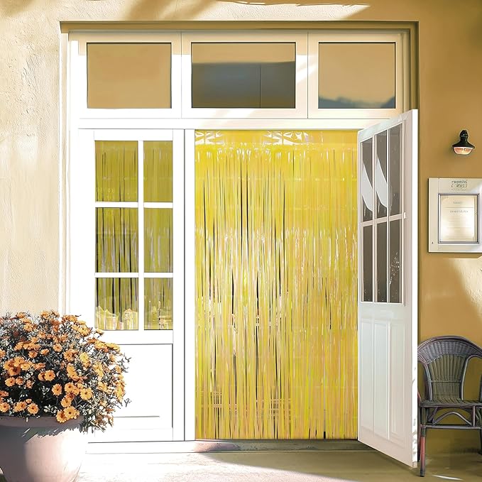 2 Pack Yellow Iridescent Streamers Backdrop, 3.3x6.6ft Foil Fringe Curtains Gold Holographic Door Tinsel Streamers for Birthday, Wedding, Holiday, Bachelorette, Theme Party Decorations
