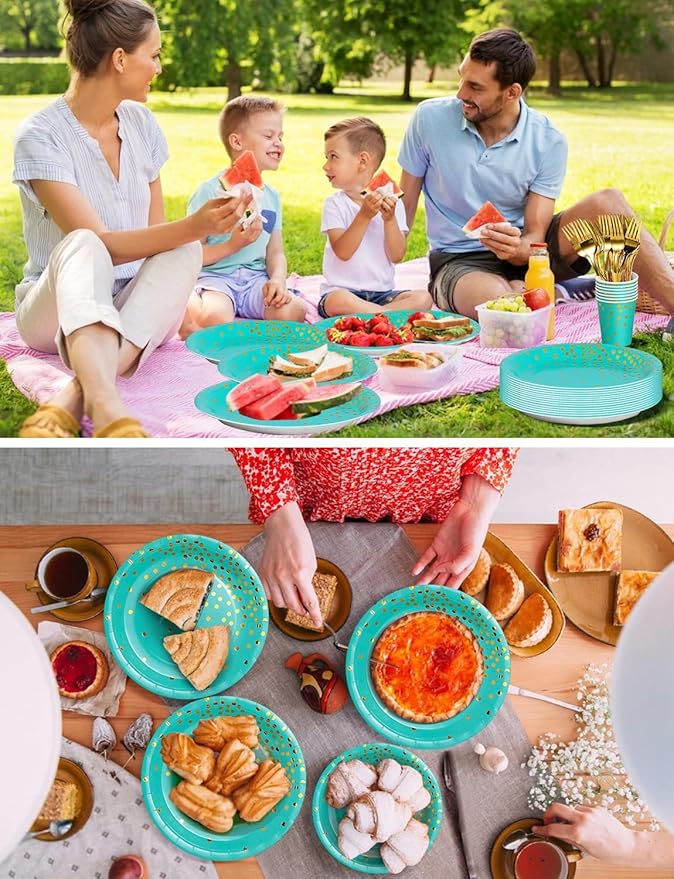 141 Pieces Blue Green and gold Party Supplies, Party Dinnerware Sets Include Paper Plates Napkins Cups Silverware, for Wedding Bridal Shower Engagement Birthday Parties Decoration -20 Serves