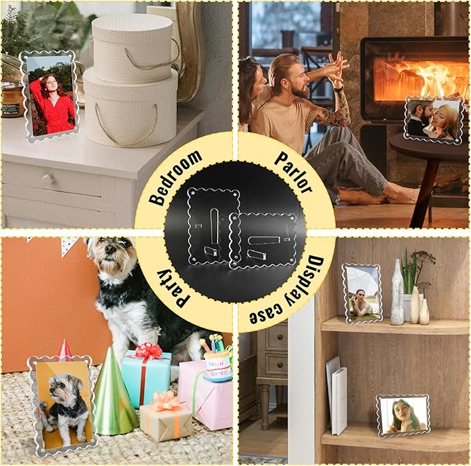 3 Pack Acrylic Picture Frames 4x6 Scalloped with Detachable Brackets, Vertical and Horizontal Tabletop Display, Clear Magnetic Photo Frames for Home/Family/Party/Wedding