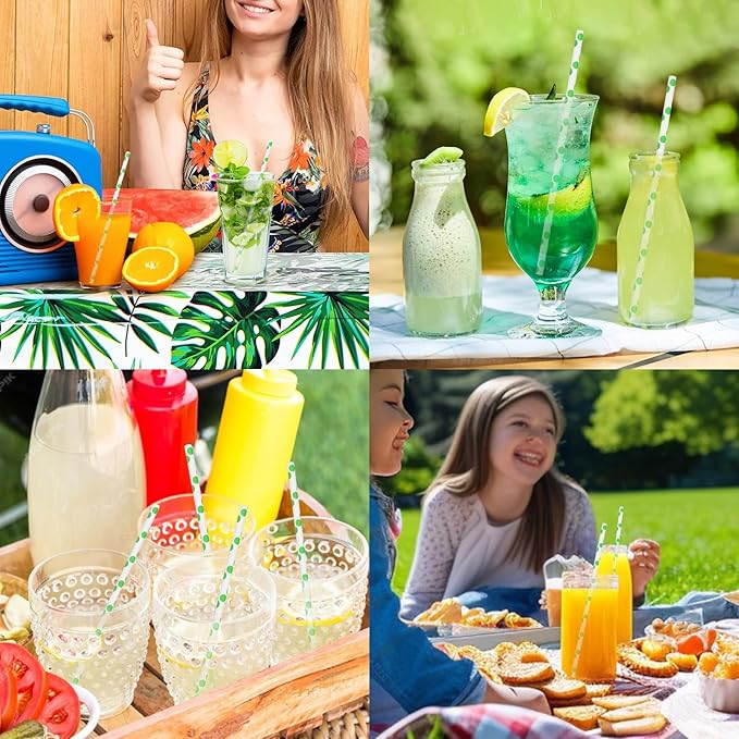 Disposable Green Polka Dots Paper Straws for Drinking 7.75 inch, 100 Counts - Cocktail, Party, Birthday, Decoration, DIY Crafts