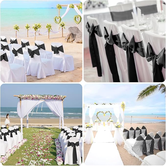 10 PCS Black Satin Chair Sashes Bows Universal Chair Ribbon Ties Back Sash for Wedding Party Reception Events Banquets Hotel Event Chair Cover Decoration (Champagne 7x108 inch)
