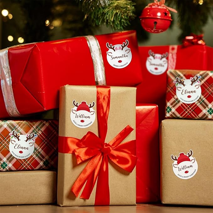30pcs Personalized Christmas Stickers with Name, Custom Reindeer Waterproof Christmas Gift Tags for Gift Box Holiday Decorations, Stockings, Party Favors, 3"