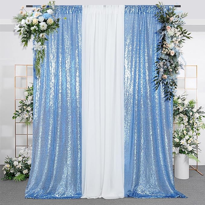 SquarePie Sequin Curtain 2FT x 8FT Baby Blue 2pcs Backdrop Sparkly Wedding Party Decoration