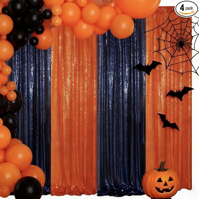 ShinyBeauty Navy and Orange Backdrop - 2FTx8FT Blue Photo Backdrops, Sequin Curtains, Glitter Fabric for Happy Birthday Parties and Events Halloween Decor