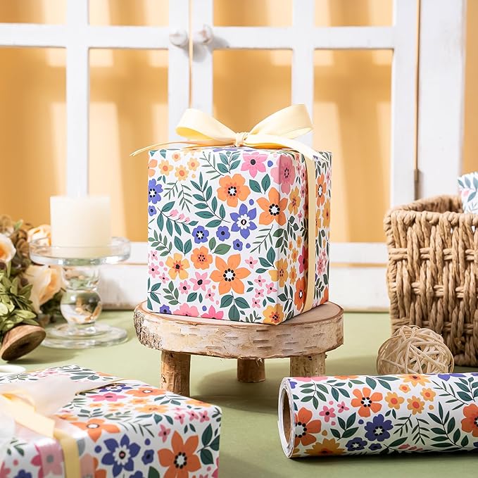 WRAPAHOLIC Kraft Floral Wrapping Paper Roll - Mini Roll - 17 Inch x 16.5 Feet - Ditsy Flower Wrapping Paper, Perfect for Wedding, Birthday, Bridal Shower, Tea Party