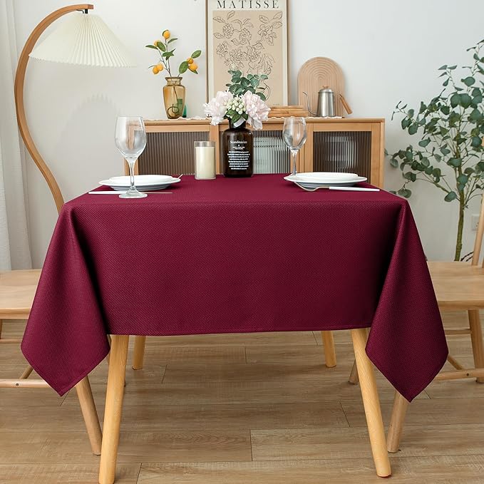 Biscaynebay Textured Fabric Christmas Square Tablecloths 54x54 Inches, Burgundy Water Resistant Tablecloths for Dining, Kitchen, Wedding, Parties etc. Machine Washable