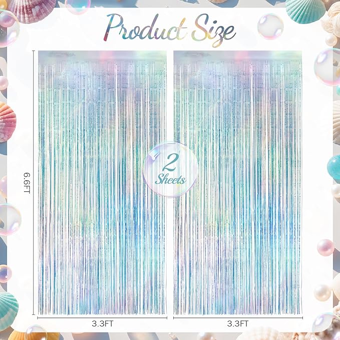 2 Pack Iridescence Party Streamers Backdrop Curtains, 3.3x8.2ft Holographic Tinsel Foil Curtain Photo Booth Props for Birthday, Wedding, Holiday Celebration, Bachelorette, Theme Decorations