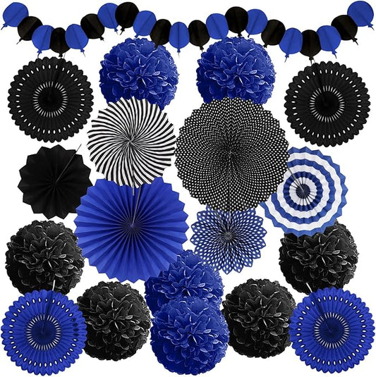 Party Decorations, Black Navy Blue Papar Fans Pompoms Garlands for Men Boy Fathers Day Graduation Wedding Birthday Party Decoration
