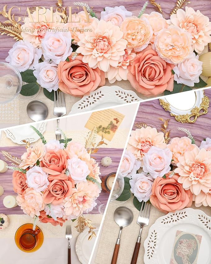 Artificial Flowers Combo, Mix Silk Flowers Roses, Peonies, Dahlias with Stems for DIY Wedding Bridal Bouquets, Baby Shower, Table Centerpieces, Home Decor, Fake Floral Arrangements-Champagne