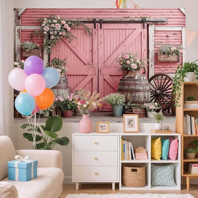 6x6ft Country Wedding Pink Photography Backdrop Rustic Wooden Barn Door Photography Backdrop Farmhouse Flower Western Girl Birthday Baby Shower Wedding Bridal Party Banner Photo Booth Props Background