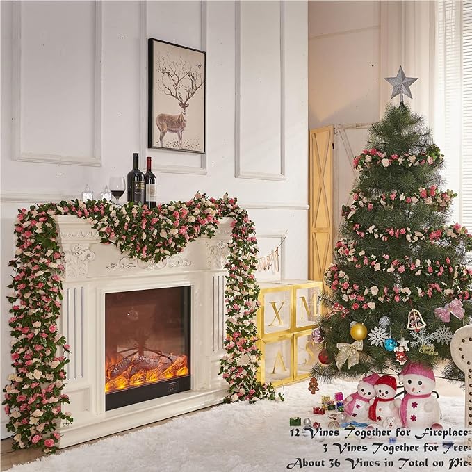 6 Pcs x 8.2 ft Flower Garland Artificial Rose Vine Flowers with Green Leaves Hanging Fake Roses Vine for Room Party Home Wedding Birthday Christmas Wall Arch Decor, Champagne Flower