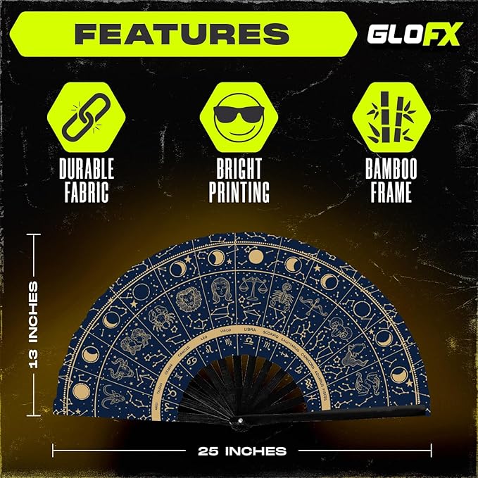 GloFX Rave Fan - Zodiac Signs - Large Folding Hand Fan Astrological Signs Designs for Festival Outfits, Cosmic Events - Perfect Accessory for Astrology Enthusiasts and Stargazers