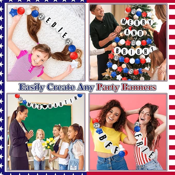 Giant Friendship Bracelet Garland Kit, DIY Birthday Banner with Letters Ball Jumbo Customizable Friendship Bracelet Decor for Halloween Christmas Wedding Party(White, Red, Blue)