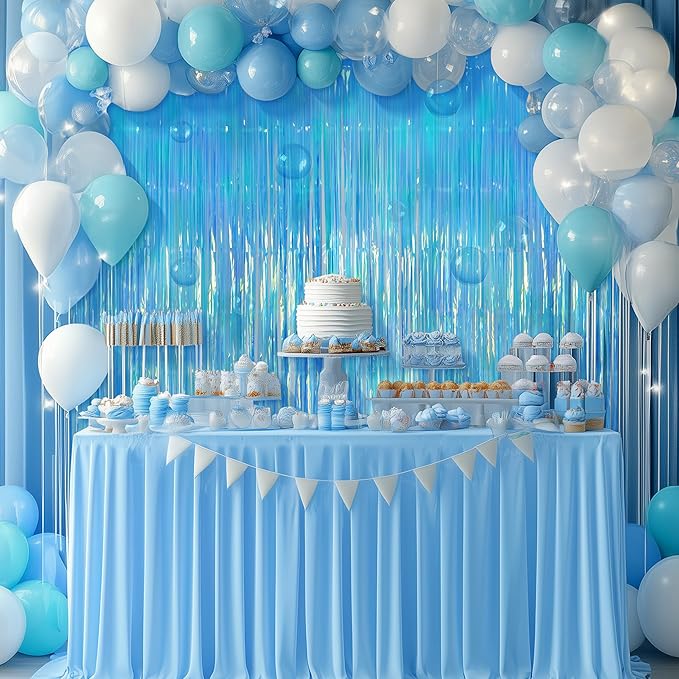 2 Pack Blue Iridescent Streamers Backdrop, 3.3x6.6ft Foil Fringe Curtains Holographic Door Tinsel Streamers for Birthday, Wedding, Holiday, Bachelorette, Christmas, Winter Theme Party Decorations