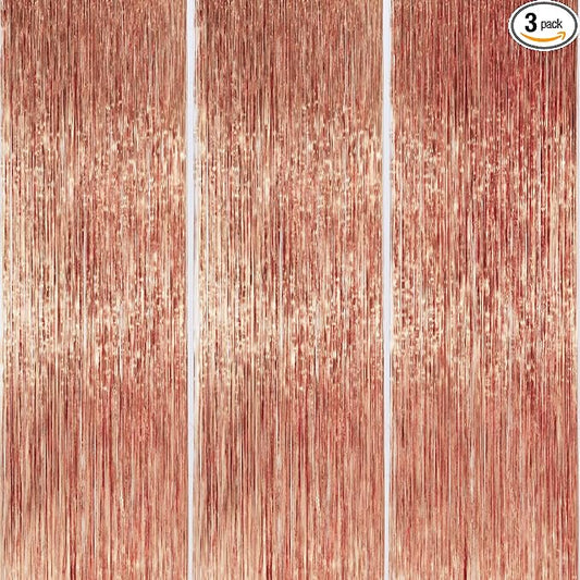 PartyWoo Rose Gold Curtains Backdrop Streamers 3pcs 8.2ft Rose Gold Foil Fringe Tinsel Backdrop Curtain for 21st Birthday Baby Shower Bridal Shower Wedding Engagement Groovy Pajama Party Decorations