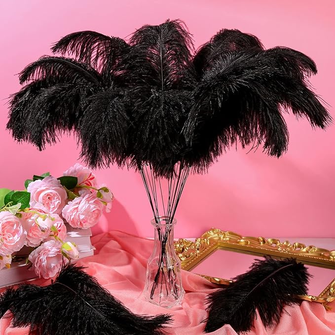 Hanaive 150 Pcs Ostrich Feathers Set Bulk Plumes 12-14 Inch (30-35cm) 70 Pcs Large Ostrich Feathers with 80 Sticks and Tape for DIY Crafts Wedding Home Party Centerpiece Decorations(Black)