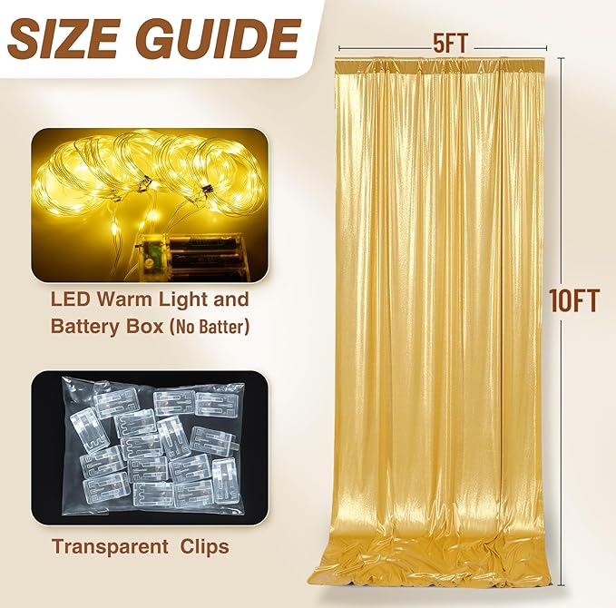 PartyVillage 30x10FT Gold Sequin Backdrop Curtain with String Lights – 6 Panels 5x10FT Sparkly Wrinkle-Free Glitter Backdrop Drapes for Birthday, Wedding, Photography, Graduation Party Décor