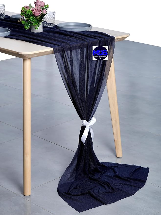 MDS Halloween Chiffon Table Runner - 12 Pack, 29 x 170 Inches, 14ft Each - Sheer Spooky Table Runners for Haunted House Parties, Trick-or-Treat Tables, Witchy Décor, Wedding & Events - Navy Blue