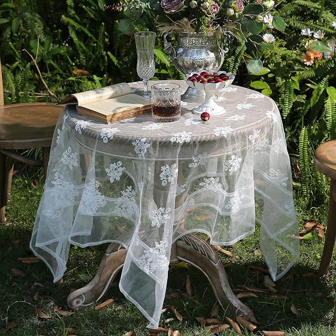 patdrea Designer White Lace Elegant Tablecloth for Rectangle Tables,Vintage Tulle French Romantic Knitted Embroidered Overlay Tablecloths Decor for Kitchen Wedding Banquet,59"*75"