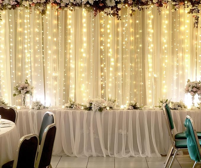 Champagne Tulle Photo Backdrop Curtain with Lights String for Parties Wedding Bridal Shower Sheer Champagne Curtain Backdrop for Birthday Party Baby Shower Photo Booth Photography 20ft x 10ft